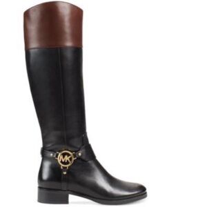 Michael Kors Fulton Harness Leather Boots Black Brown Two Toned